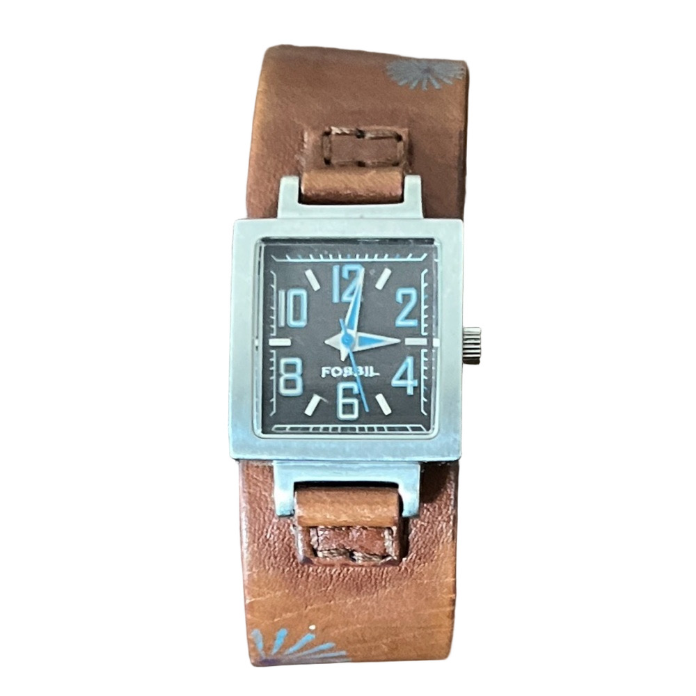 Vintage Fossil JR-9645 Women's Square Face Wide Leather Strap Watch